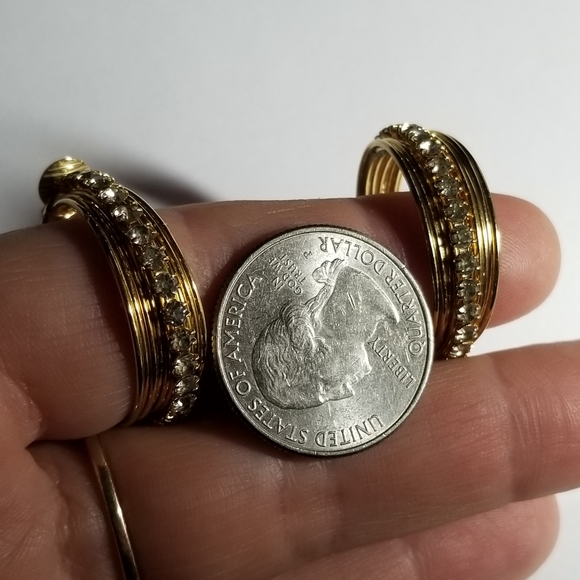 Relisted -Vintage hoop clip on earrings gold tone clear rhinestones - Picture 10 of 17